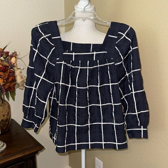 J. Crew The Penny Windowpane Plaid Check Blouse Blue/White Square Neck Sz 6P - Picture 4 of 5
